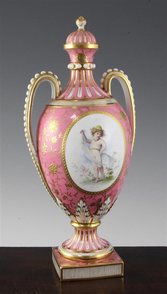 Antoine Boullemier for Mintons, a twin handled pink ground vase and cover, late 19th century, 33.5cm, one handle restored